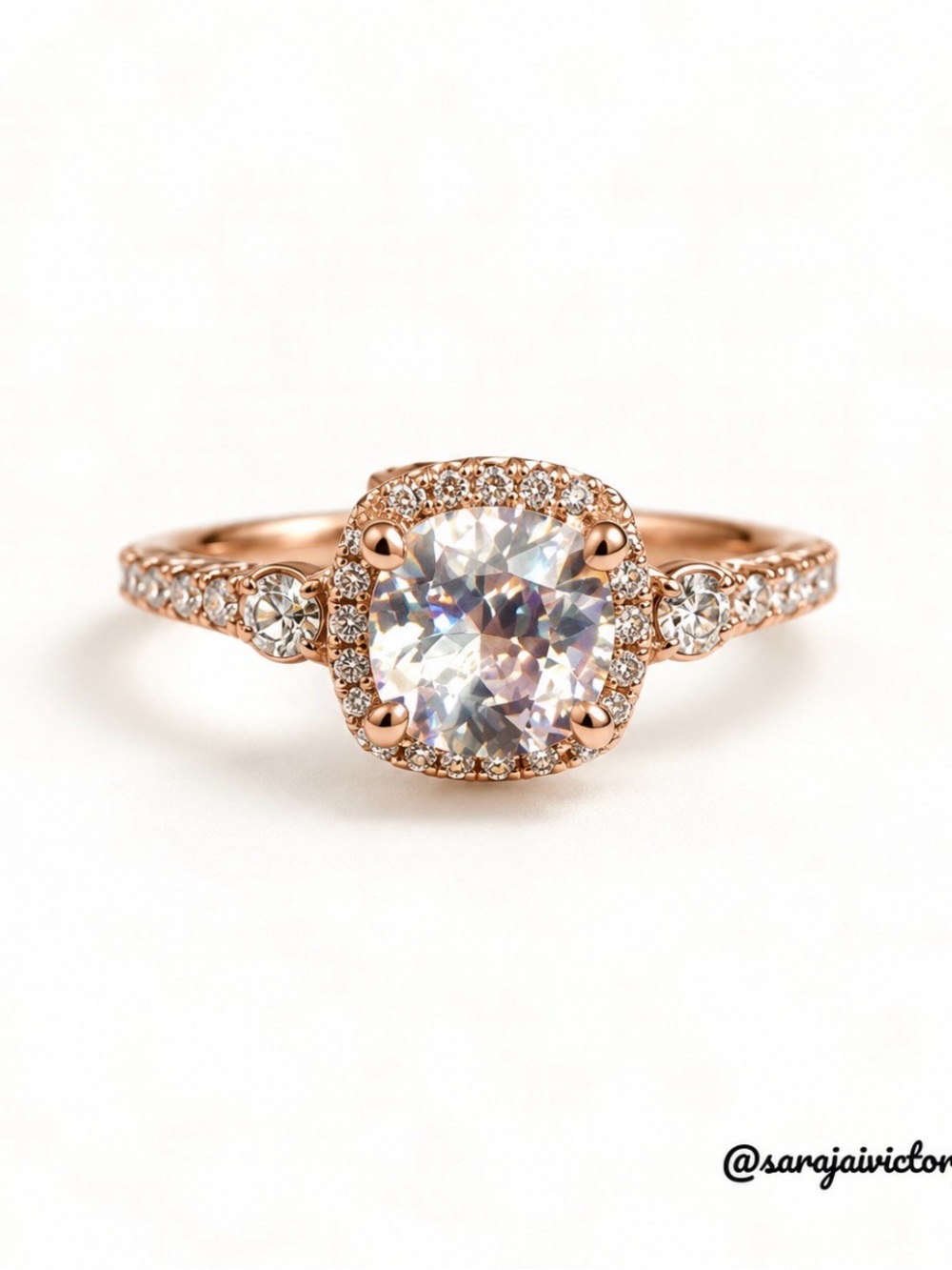 Rose Gold Halo Cushion Engagement Ring with White Center Stone